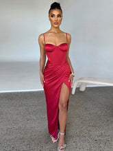 Elegant Satin Hight Split Dress Women Fashion Sexy Spaghetti Strap Ruched Backless Long Evening Dress Party Vestido